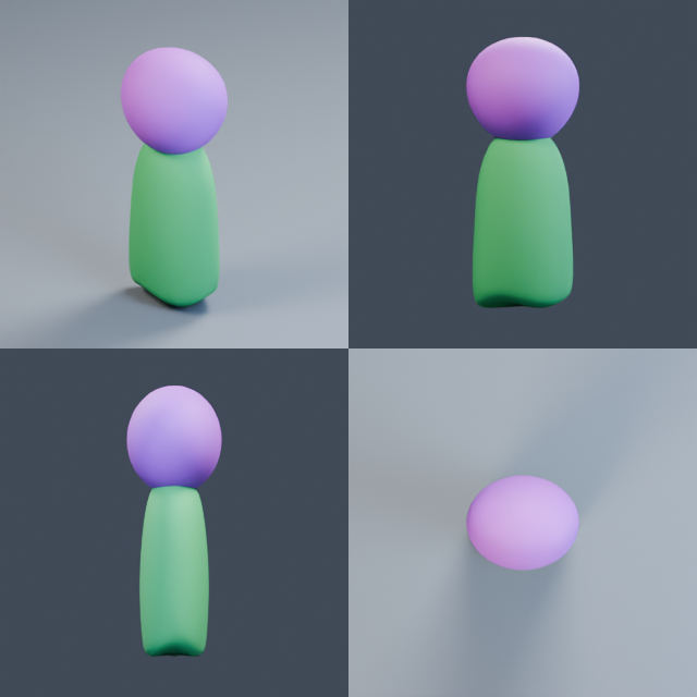 The purple-headed, green-bodied pawn rendered from three-quarter, front, side, and top viewpoints.