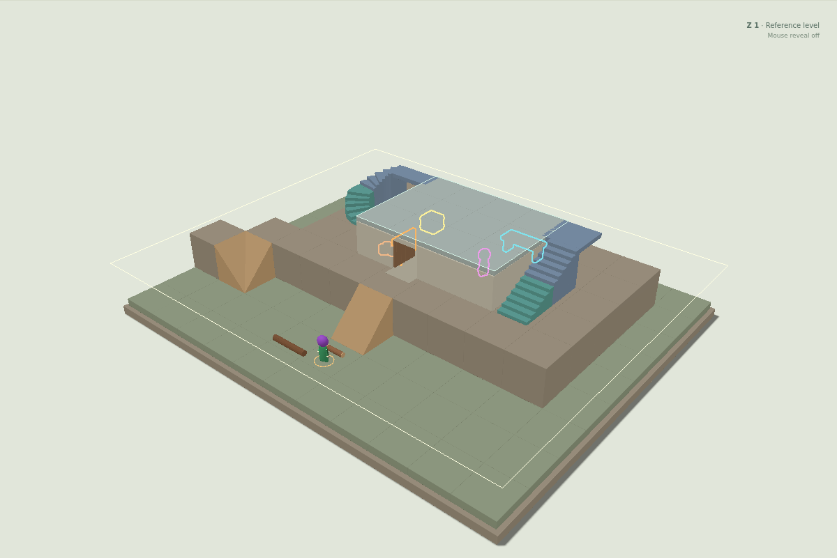 The terraced outpost in Terrain Lab, with a covered workshop, turning and straight stairs, a ramp, and two small workers.