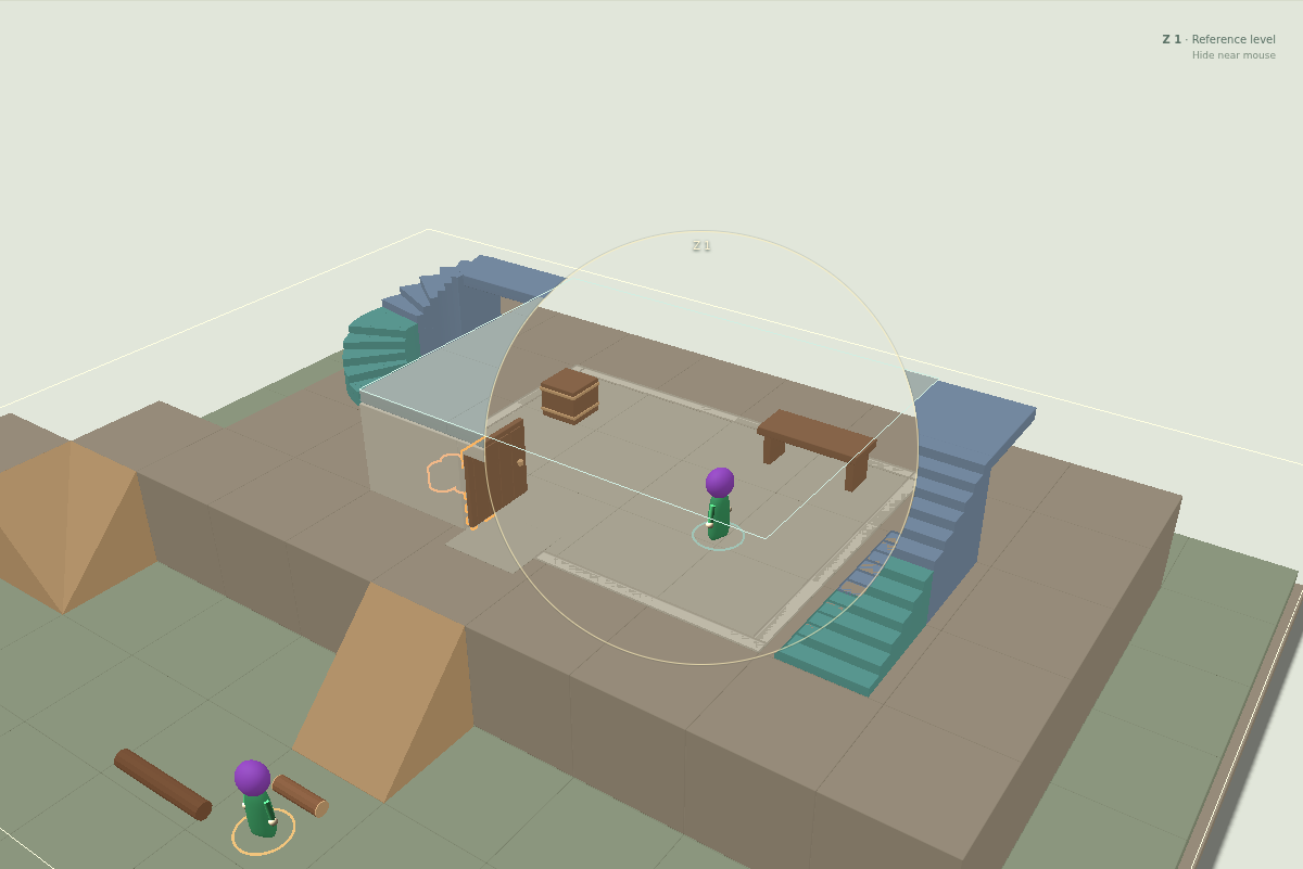 A circular reveal through the workshop roof exposes the selected level, with colored outlines marking objects inside.